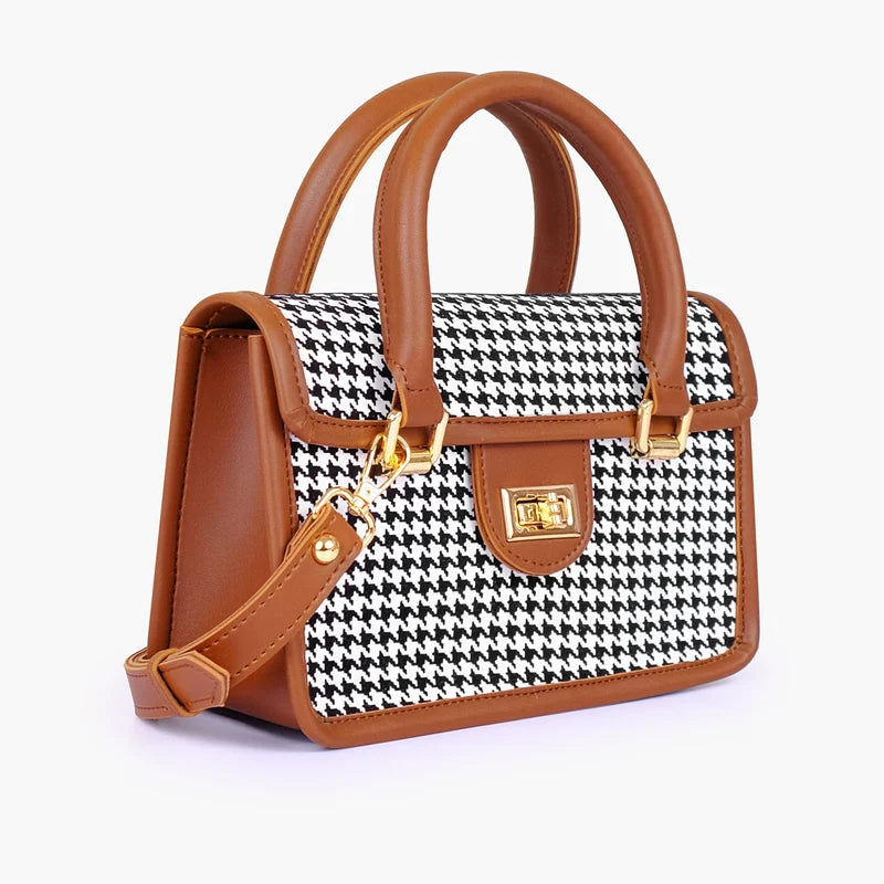 Brown and white houndstooth cross-body with flap