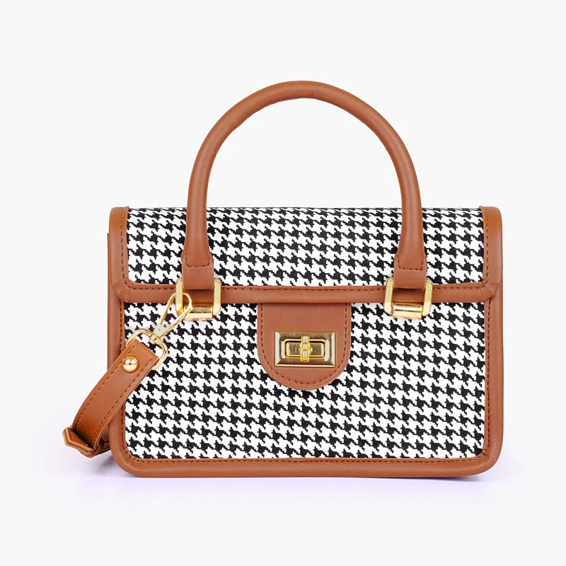 Brown and white houndstooth cross-body with flap