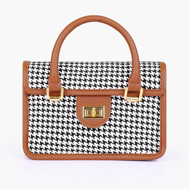 Brown and white houndstooth cross-body with flap