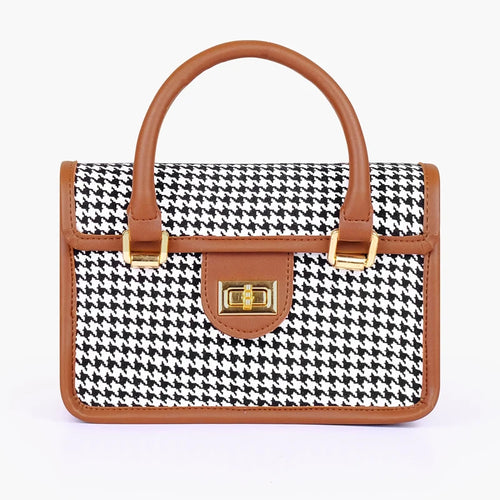 Brown and white houndstooth cross-body with flap