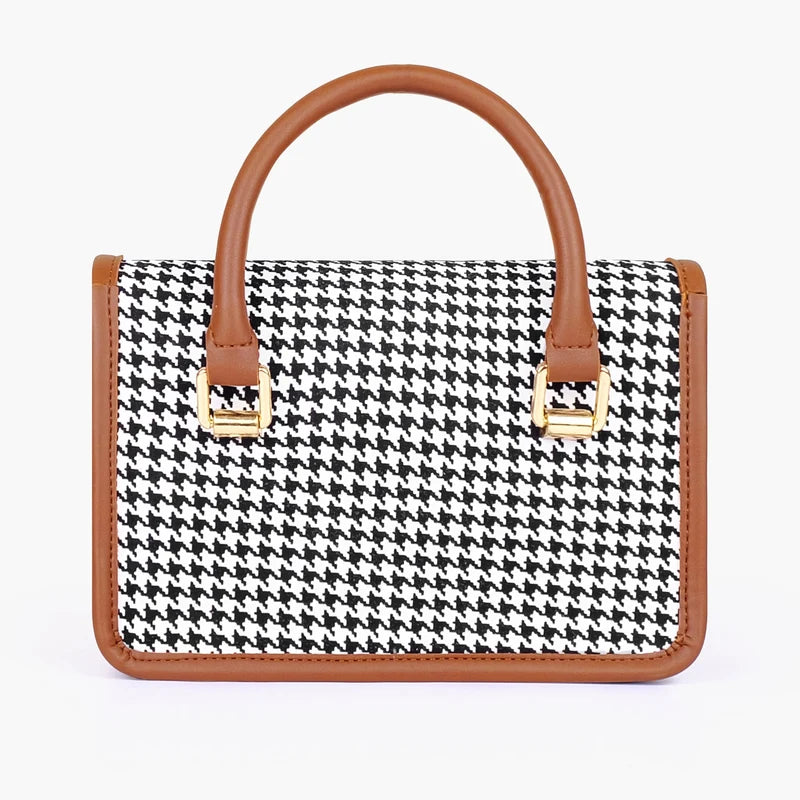 Brown and white houndstooth cross-body with flap